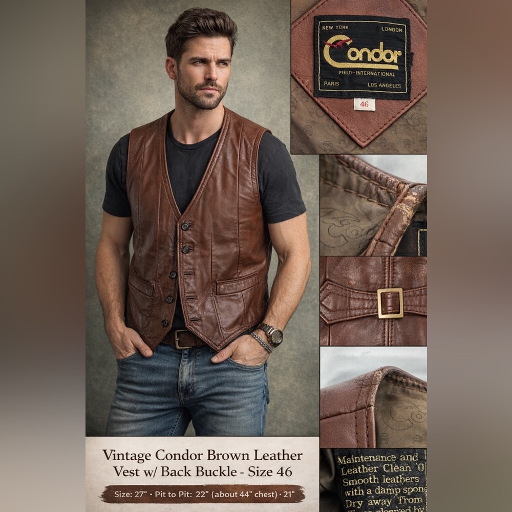 Condor Brown Leather Western Moto Biker Vest w/ Back Buckle Size 46